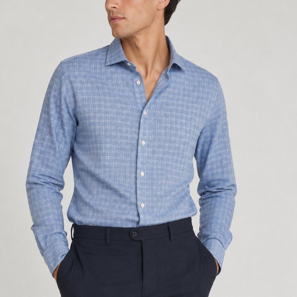 Armani Collezioni Slim Fit Dress Shirt Blue Plaid Check Long Sleeve Size 17